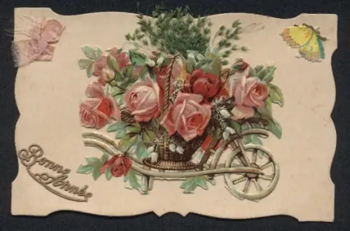 Trockenblumen-AK Bonne Année, Gräser und Rosenkutsche, Schmetterling, Seidenschleife