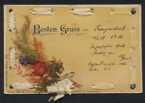 Trockenblumen-AK Blumen u. Gräser, eingefädelte Seidenschleife, Metallnieten