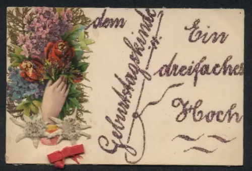 Trockenblumen-AK Gräser u. Edelweiss mit buntem Strauss, Glitter-Schriftzug, Seidenschleife, Geburtstagsgruss