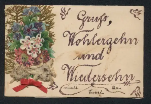 Trockenblumen-AK Gräser u. Edelweiss mit buntem Strauss, Glitter-Schriftzug, Seidenschleife
