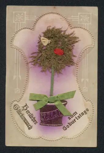 Trockenblumen-AK Moos, Collage Topfblume, Seidenschleife, Geburtstagsgruss