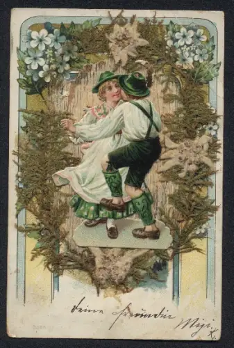 Trockenblumen-AK Gräser, Edelweiss, Veilchen, Tanzendes Trachtenpaar