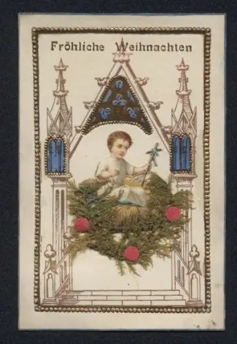 Trockenblumen-AK Moos in der Krippe, Christkind, Portal mit Türmen, Weihnachtsgruss