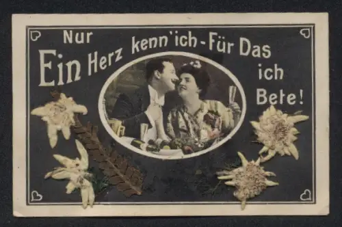 Trockenblumen-AK Nur ein Herz kenn ich, Edelweiss, Blätter, Junges Paar