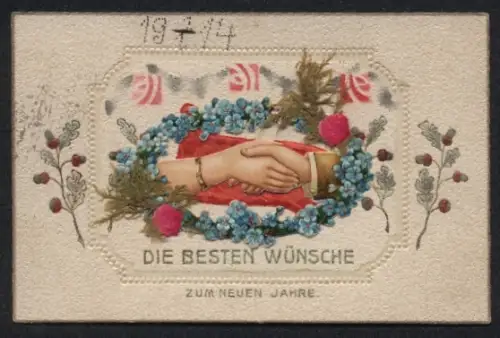 Trockenblumen-AK Moos im Vergissmeinnicht-Kranz, Hände eines Paares, Neujahrsgruss