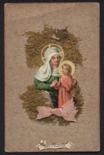 Trockenblumen-AK Stesti a Blazenost, Moos, Maria mit Jesuskind, Seidenschleife