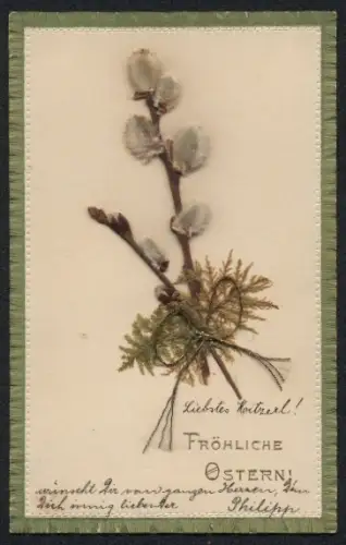 Trockenblumen-AK Gepresste Weidenkätzchen, Moos, Schnur, Ostergruss