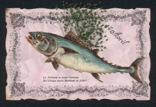 Trockenblumen-AK Gräser mit Fisch, 1er Avril