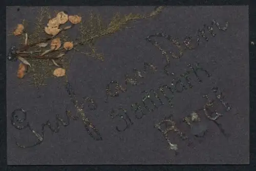 Trockenblumen-AK Blüten u. Gräser, Glitter-Schriftzug Gruss aus dem Stadtpark