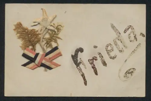 Trockenblumen-AK Edelweiss, Schwarzweissrote Seidenschleife, Glitter-Schriftszug Frieda