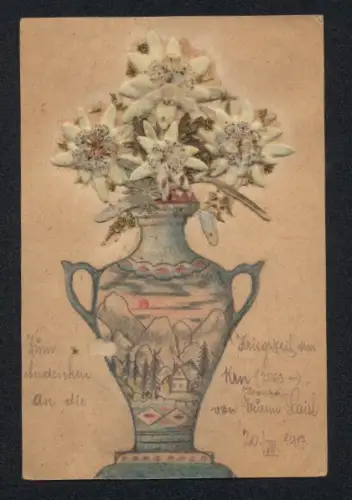 Trockenblumen-AK Edelweissstrauss in einer Vase