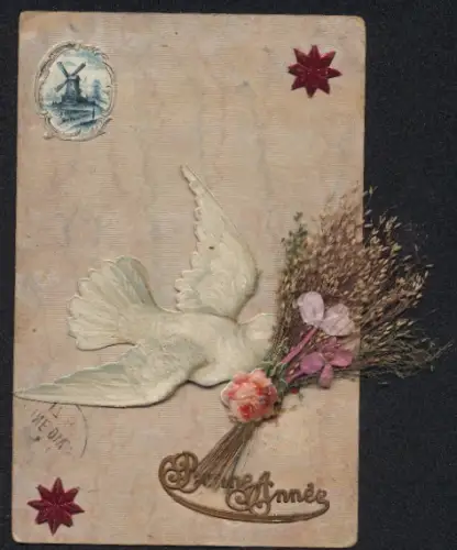 Trockenblumen-AK Gräserstrauss mit Seidenblumen, Weisse Taube, Windmühle