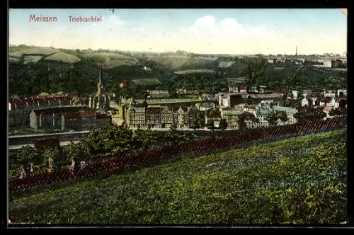 AK Meissen, Triebischtal mit Kirche und Strassenpartie