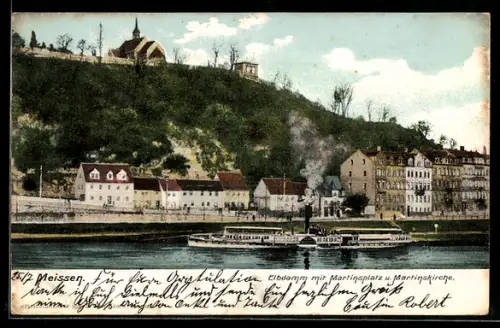 AK Meissen, Elbdamm mit Martinsplatz & Martinskirche, Dampfer
