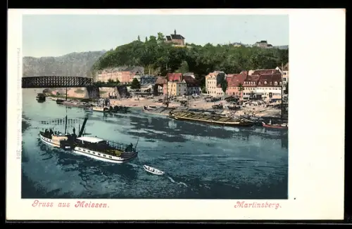 AK Meissen, Elbe mit Blick auf Martinsberg und Dampfer