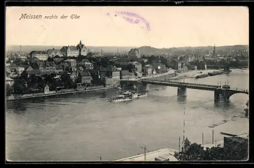 AK Meissen, Rechts der Elbe, Elbbrücke, Stadtansicht