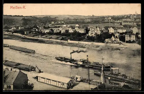 AK Meissen, Dampfschiffe auf der Elbe, Uferansicht