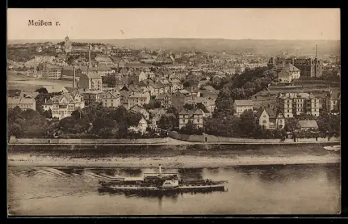 AK Meissen, Ortsansicht mit Dampfschiff auf der Elbe