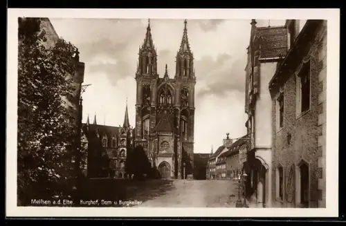 AK Meissen a. d. Elbe, Burghof, Dom, Burgkeller