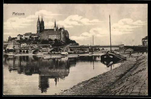 AK Meissen, Albrechtsburg, Dom, Elbe mit Brücke und Schiffen