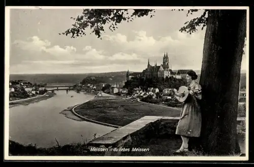 AK Meissen, Blick auf Albrechtsburg und Elbe