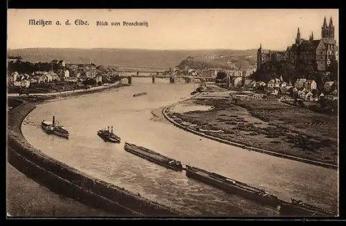 AK Meissen a. d. Elbe, Blick von Proschwitz, Elbe, Albrechtsburg, Brücke
