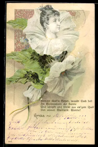 Künstler-AK Damenportrait in Blüte, Jugendstil