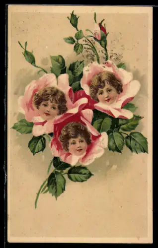 AK Kindergesichter in erblühten Rosen, Metamorphose