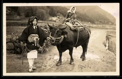 AK Zwei japanische Bauernmädchen, unterwegs mit einem Ochsen