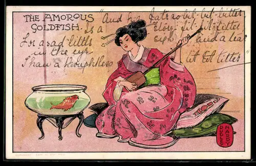 AK The Amorous Goldfish, Goldfisch und musizierende Geisha