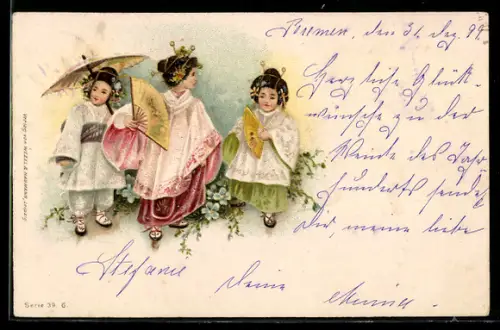Lithographie Drei kleine Geishas mit Fächern u. Schirm