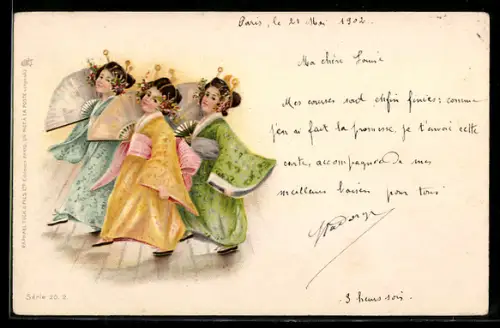 Lithographie Drei Europäerinnen im Kimono tanzen mit Fächern