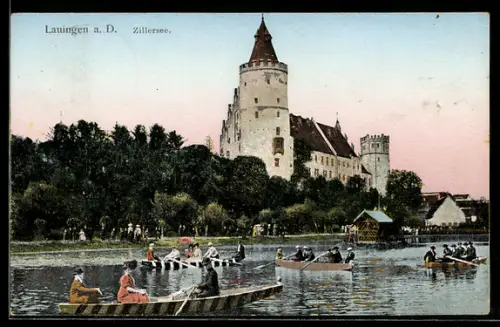 Goldfenster-AK Lauingen a. D., Zillersee, Schloss, Ruderboote