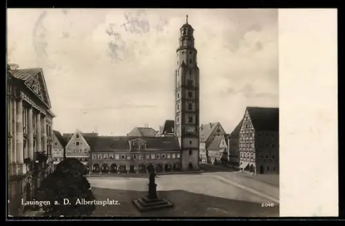 AK Lauingen a. D., Albertusplatz mit Denkmal u. Turm