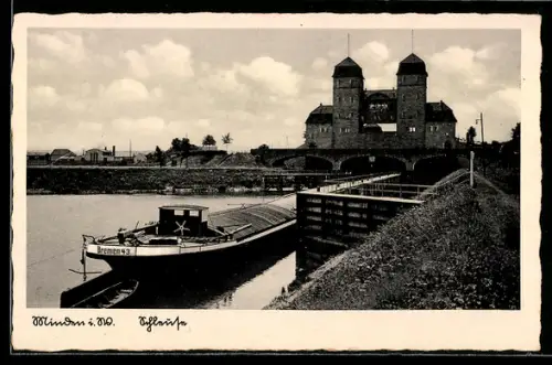AK Minden i. W., Schleuse, Weserbrücke, Frachtschiff Bremen 43