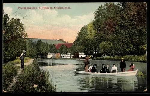 AK Preiskermühle b. Meissen, Haltestelle, Gebäude, Bootsfahrt auf dem Fluss