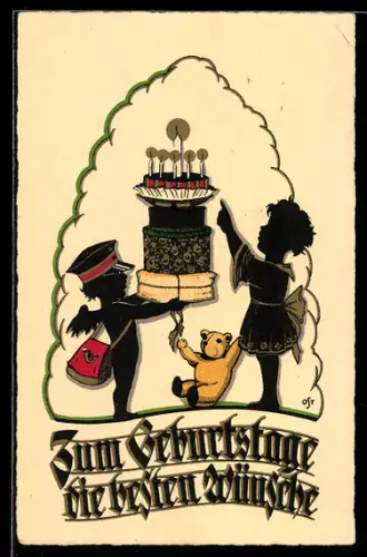 Künstler-AK Hans Herbert Ost: Kleiner Postbote bringt Geschenke und Kuchen zum Geburtstag