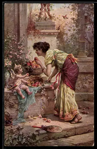 Künstler-AK Hans Zatzka: Frau im Garten mit Obstkörben, Amor