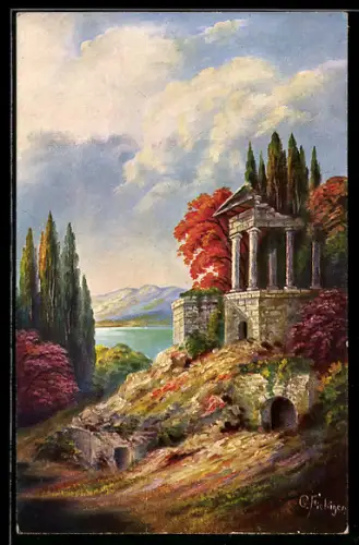 Künstler-AK G. Fiebiger: Griechischer Tempel im Herbst