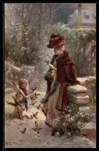 Künstler-AK Hans Zatzka Nr. 307, Frau mit Amor beim Vögel füttern