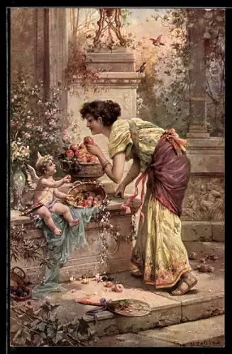 Künstler-AK Hans Zatzka: Frau im Garten mit Obstkörben, Amor