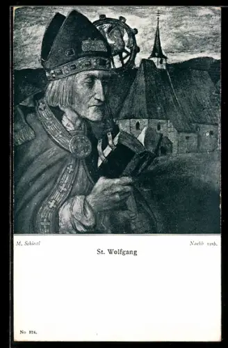 Künstler-AK Heinz Schiestl: St. Wolfgang mit Bibel und Krummstab