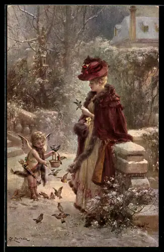 Künstler-AK Hans Zatzka Nr. 307, Frau mit Amor beim Vögel füttern