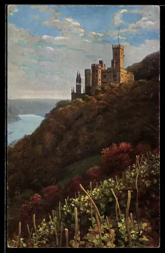 Künstler-AK H. Hoffmann: Schloss Stolzenfels, Weinreben am Berghang mit Ansicht des Schlosses im Abendlicht