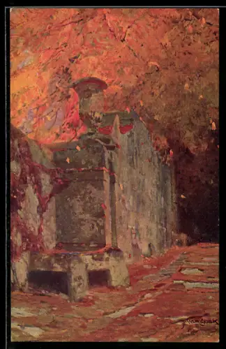 Künstler-AK Jaroslav Setelik: Friedhofsmauer im Herbst