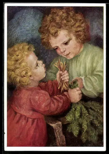 Künstler-AK Maria Spötl: Weihnachtsvorbereitungen, Kinder mit einem Tannenzweig