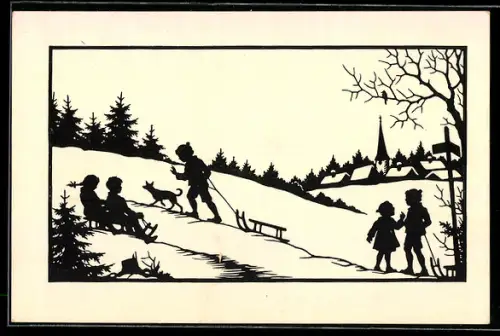 Künstler-AK Josefine Allmayer: Silhouette, Kinder fahren Schlitten