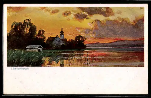 Künstler-AK August Splitgerber: Kirche am Seeufer im Abendlicht