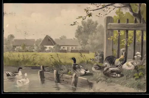 Künstler-AK Alfred Schönian: Enten und Hühner am Ufer des Weihers vor dem Bauernhof