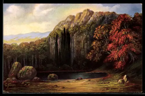 Künstler-AK G. Fiebiger: Herbstlicher See in den Bergen